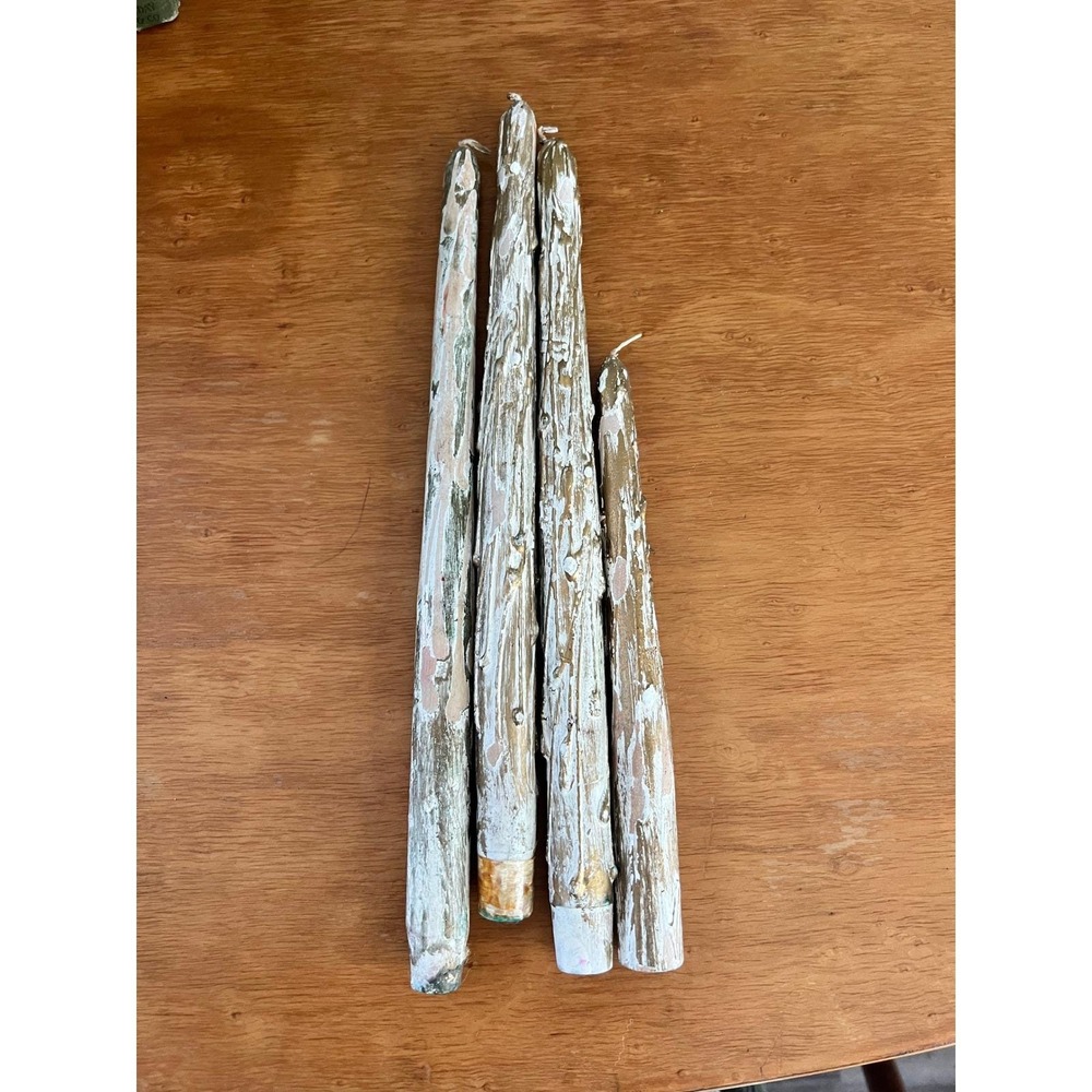 Vintage MCM Wood Faux Drip Taper Candles Gold White Distressed Set of 4 12-8in